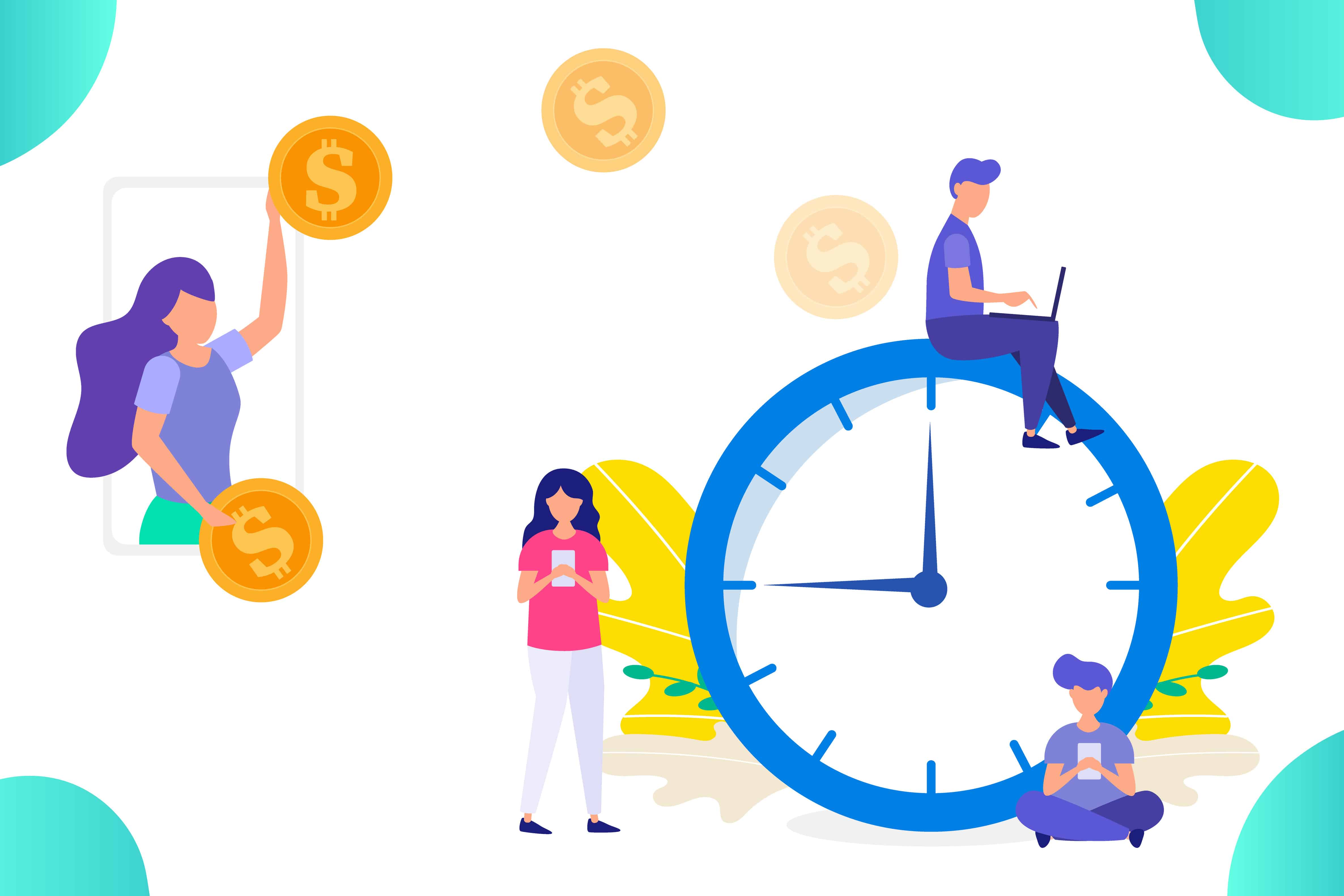 Illustration of employees tracking work hours and earnings, representing wage and hour law services by Hershey Law