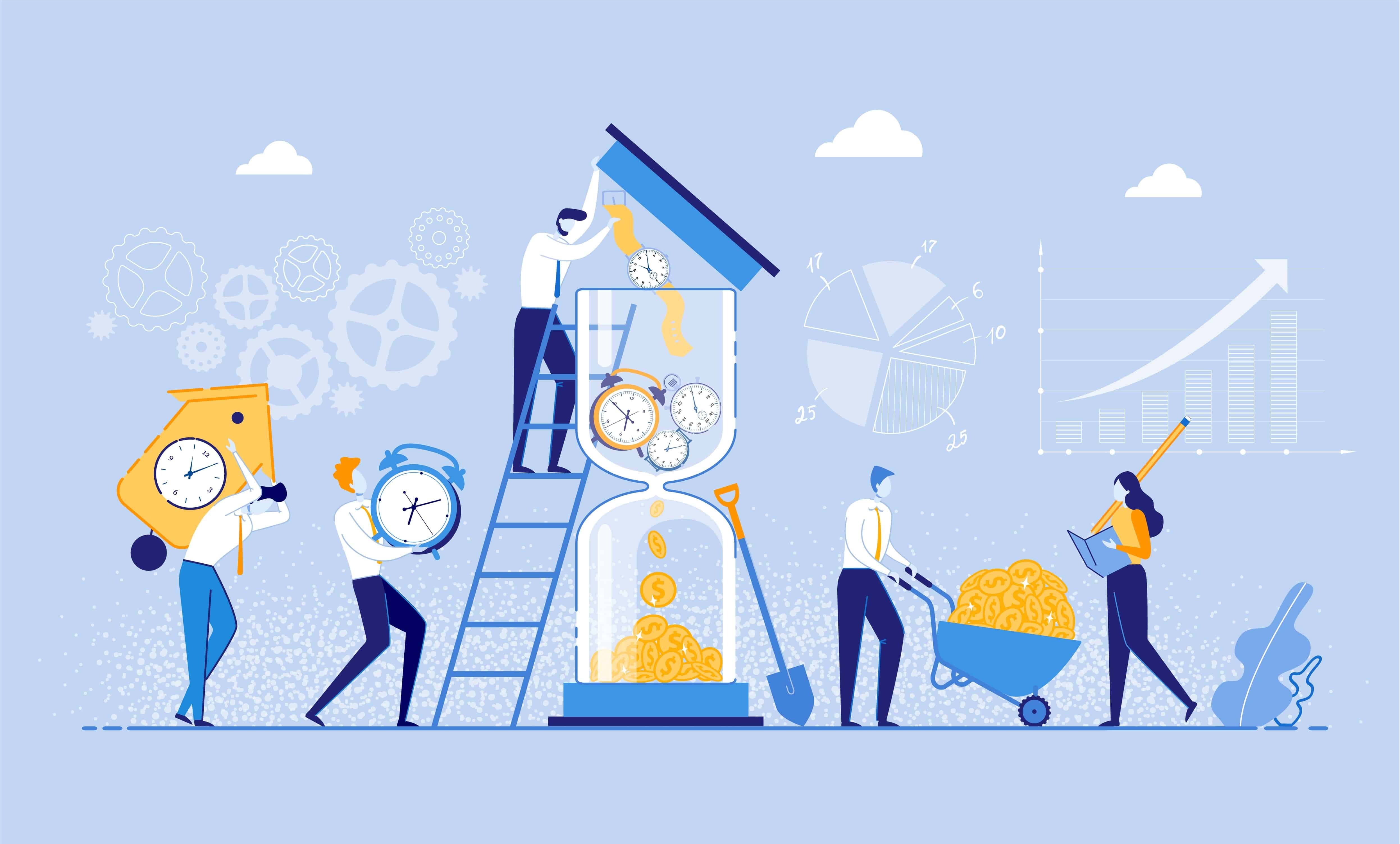 Concept of employees managing time and money, illustrating wage and hour compliance and labor rights supported by Hershey Law