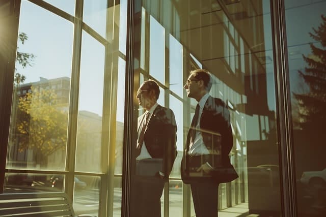 Two men looking out the window of their office in California for an employment law case. Business, people, businessmen, office, window, suit, success, building, executives