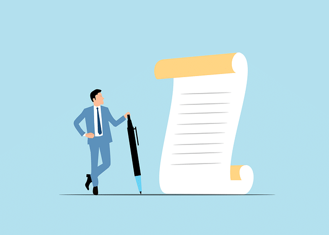 Graphic of a business man reviewing a severance agreement with the guidance of Hershey Law. Businessman, contract, agreement, signing, pen, document, formal, paper, legal, paperwork, signature, professional, writing, decision-making, legal document, scroll paper, contract signing